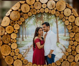 Round wood slice frame with a couple